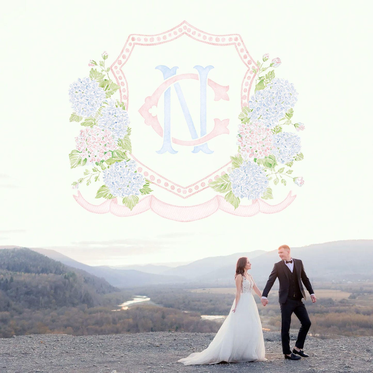 Blue Pink Hydrangea Flower Wedding Crest - Monogram Crest - Pastel Color Hydrangea Floral Luxury Watercolor Wedding Crest