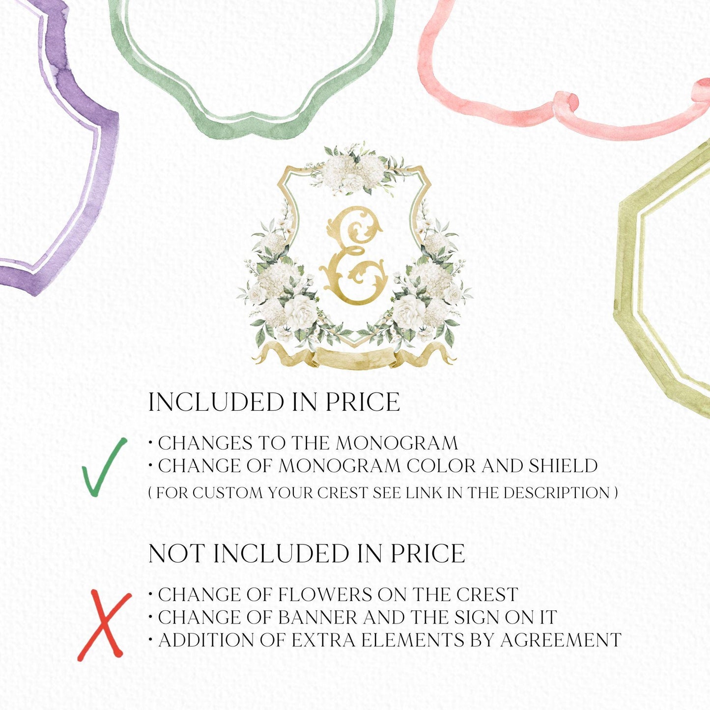 White Gold Hydrangea Flower Wedding Crest - Monogram Crest - Hydrangea Floral Luxury Watercolor Wedding Crest - Romantic Wedding Crest