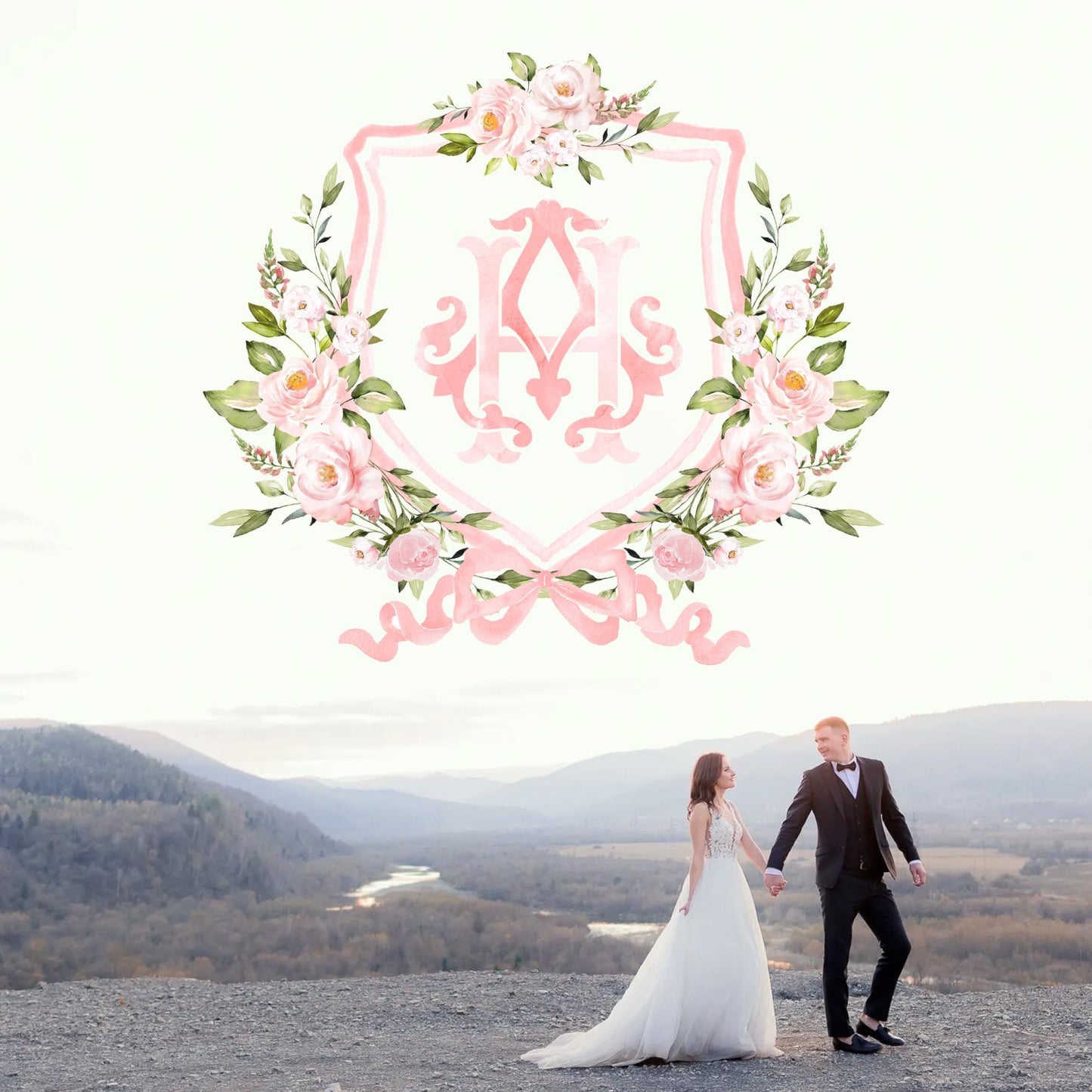 Blush Pink Floral Rustic Greenery Flower Wedding Crest - Monogram Crest - Floral Watercolor Wedding Crest - Romantic Wedding Crest