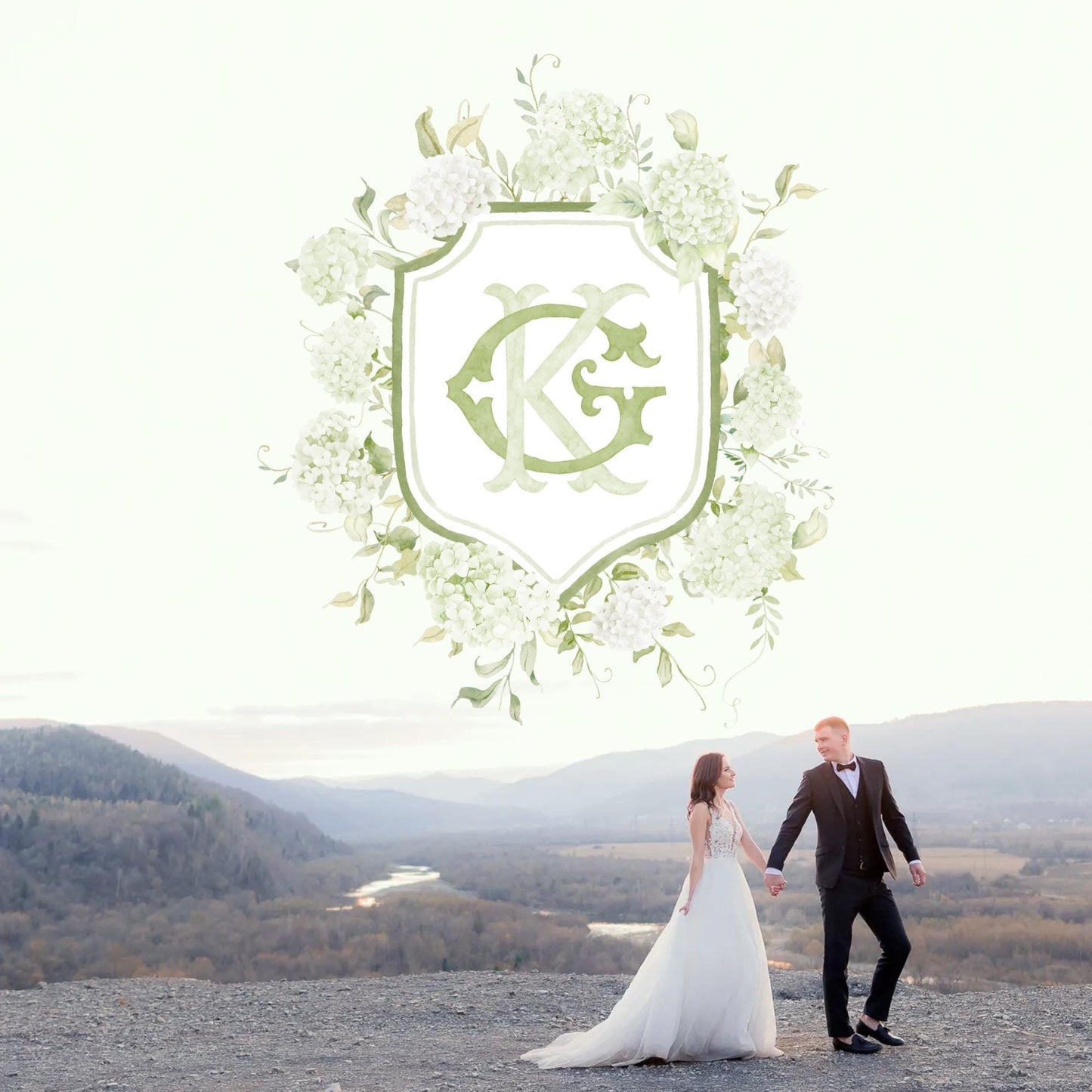 Light Green Hydrangea Flower Wedding Crest - Monogram Crest - Hydrangea White Floral Luxury Watercolor Wedding Crest