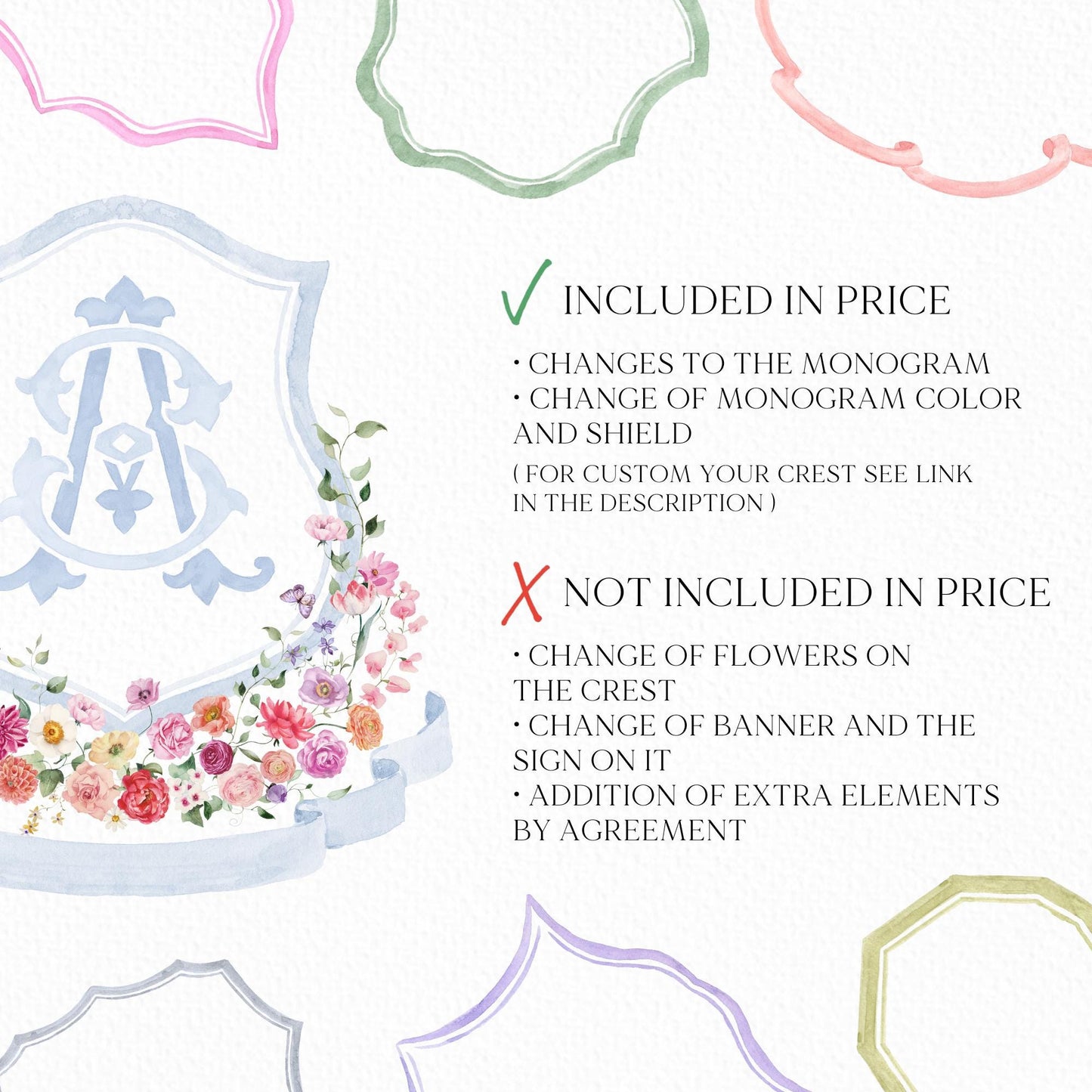 Wildflower Pink Flower Wedding Crest - Monogram Crest - Floral Luxury Watercolor Wedding Crest - Romantic Wedding Crest