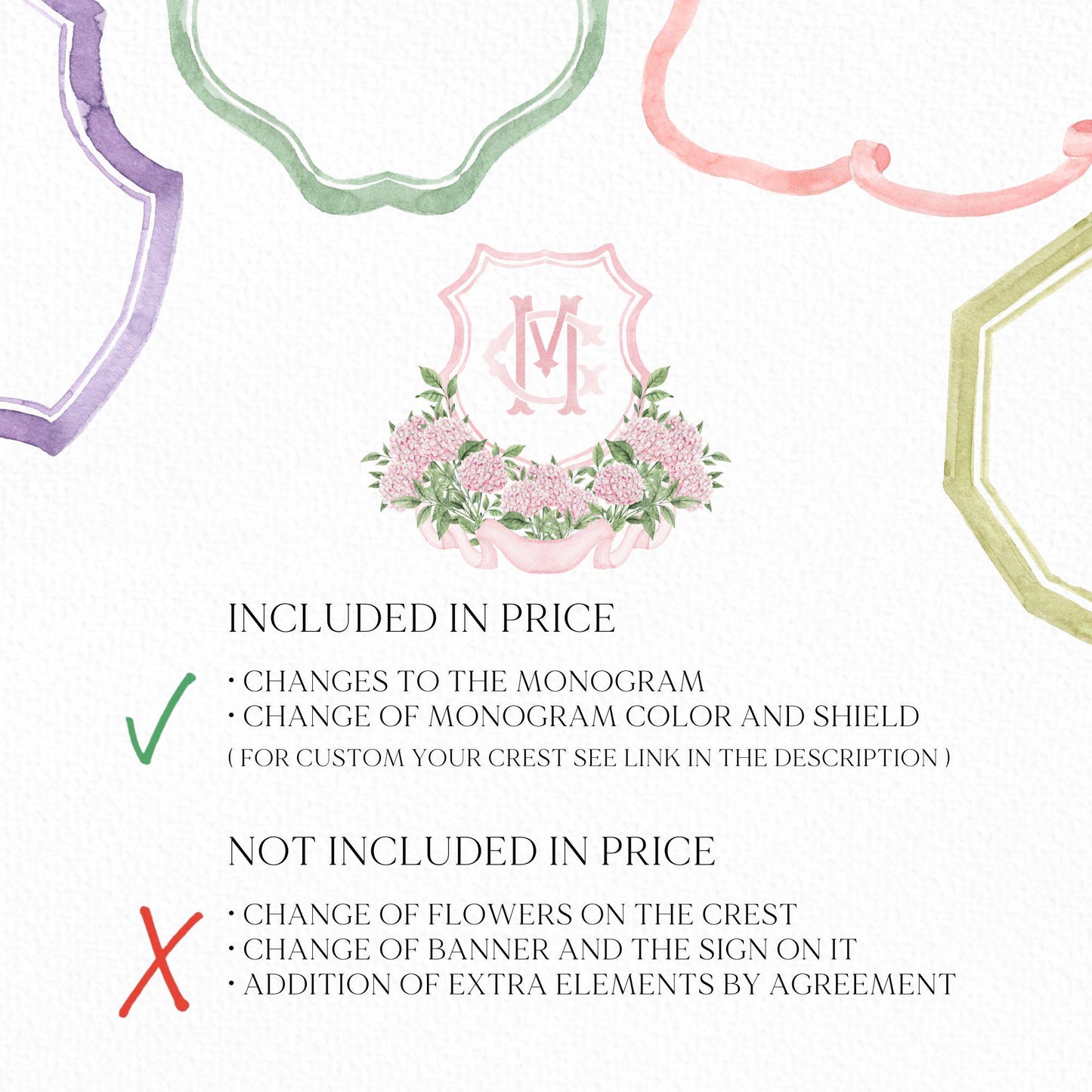 Pink Hydrangea Flower Wedding Crest - Monogram Crest - White Hydrangea Floral Luxury Watercolor Wedding Crest - Romantic Wedding Crest