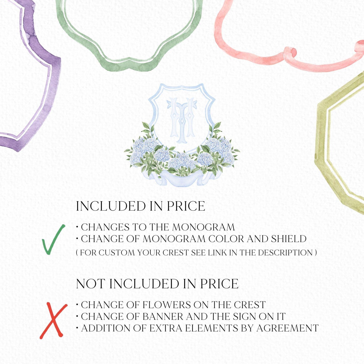 Blue Hydrangea Flower Wedding Crest - Monogram Crest - Hydrangea Light Blue Floral Luxury Watercolor Wedding Crest - Romantic Wedding Crest