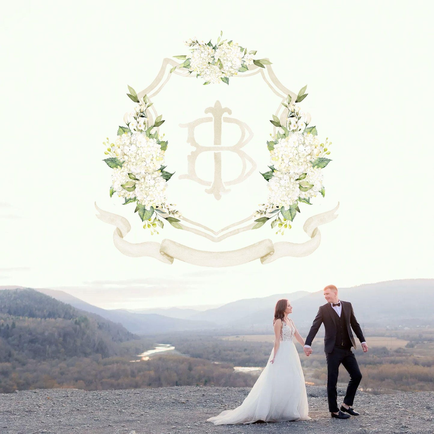 Hydrangea White Flower Wedding Crest - Monogram Crest - White Hydrangea Floral Luxury Watercolor Wedding Crest - Romantic Wedding Crest