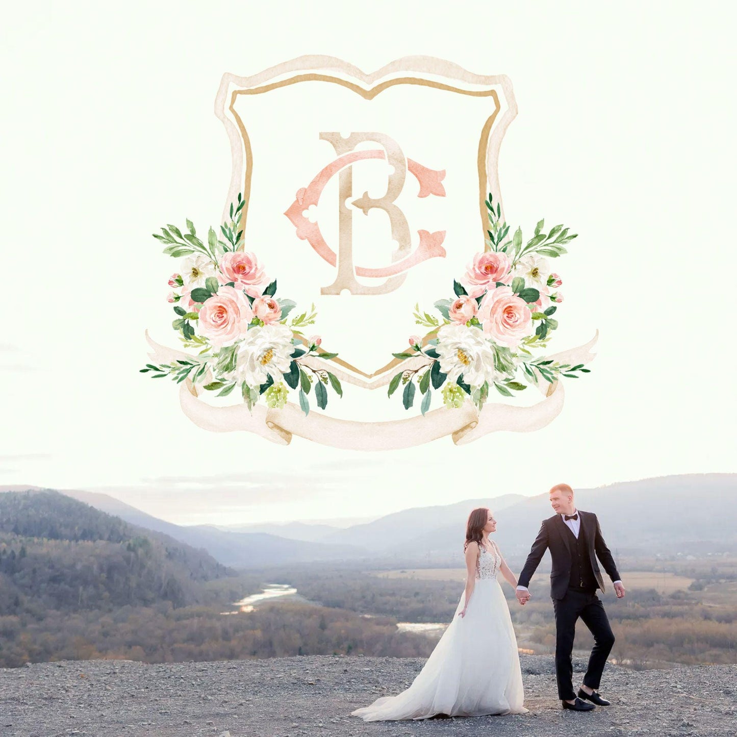 Blush Pink Floral Rustic Greenery Flower Wedding Crest - Monogram Crest - Floral Watercolor Wedding Crest - Romantic Wedding Crest
