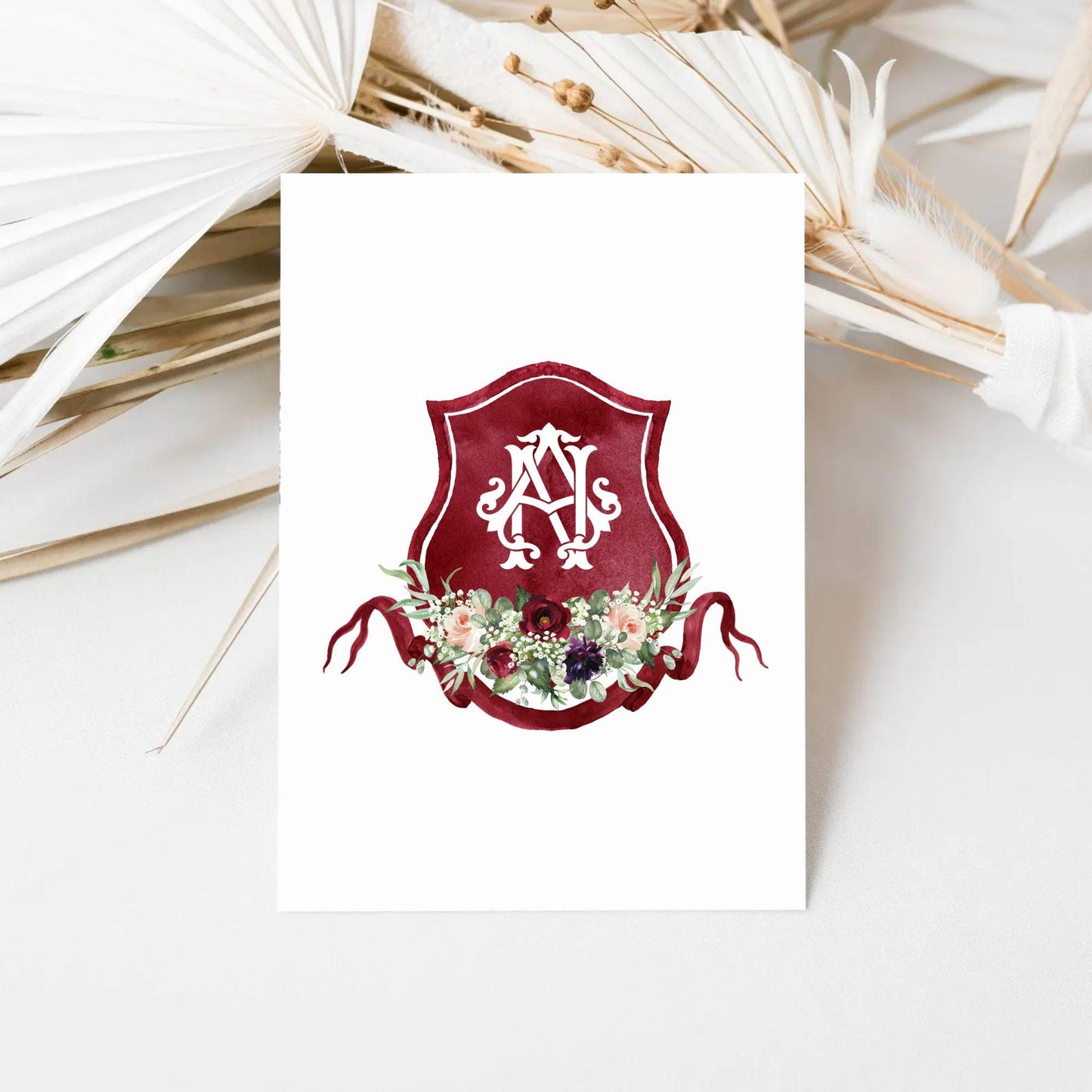 Burgundy Blush Rustic Greenery Flower Wedding Crest - Monogram Crest - Floral Luxury Watercolor Wedding Crest - Romantic Wedding Crest