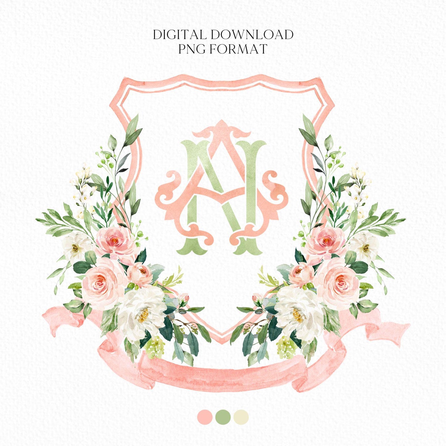Blush Pink Floral Rustic Greenery Flower Wedding Crest - Monogram Crest - Floral Watercolor Wedding Crest - Romantic Wedding Crest