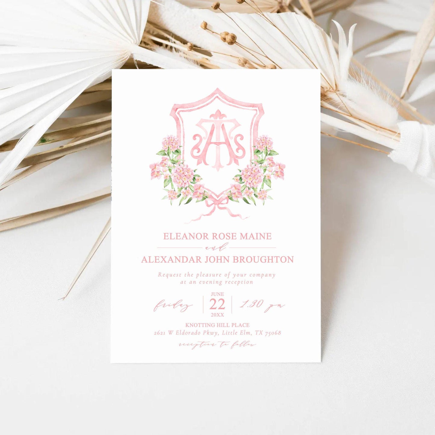 Pink Hydrangea Flower Wedding Crest - Monogram Crest - Light Pink Hydrangea Floral Luxury Watercolor Wedding Crest - Romantic Wedding Crest