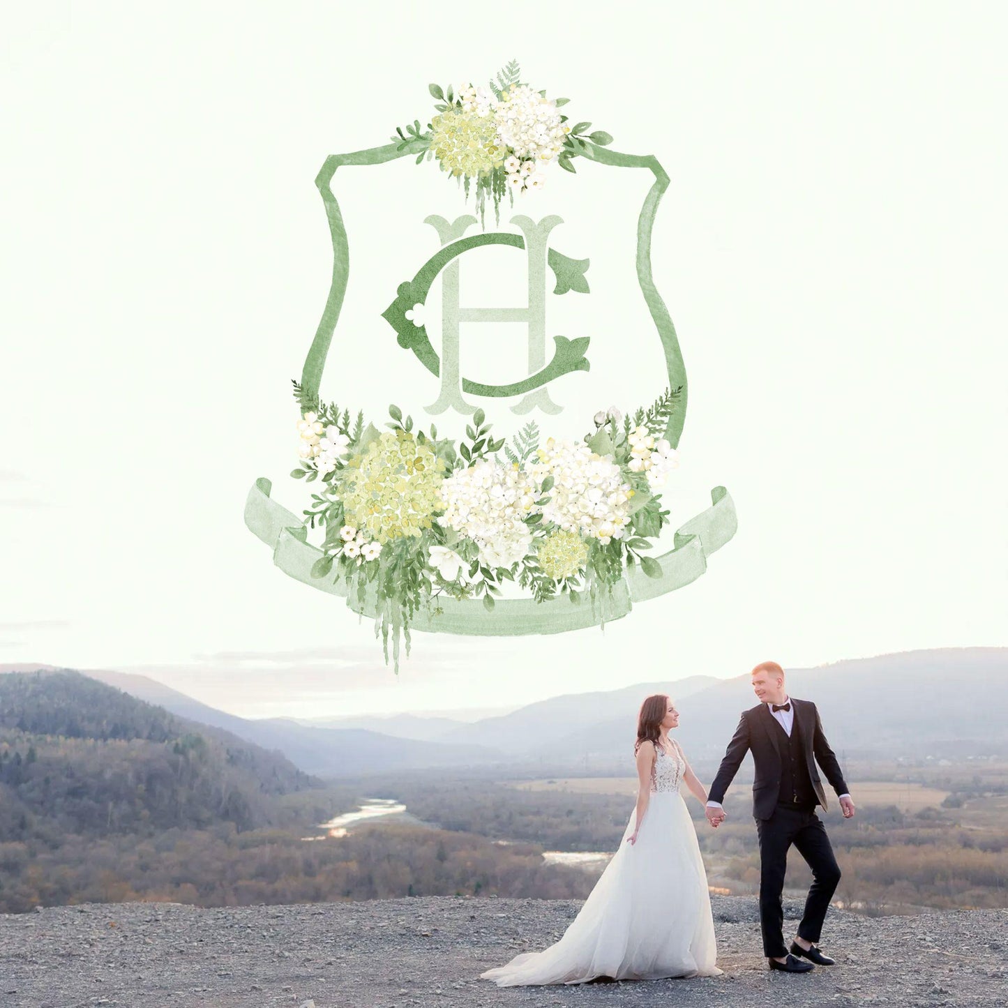Green Hydrangea Flower Wedding Crest - Monogram Crest - Hydrangea White Floral Luxury Watercolor Wedding Crest - Romantic Wedding Crest