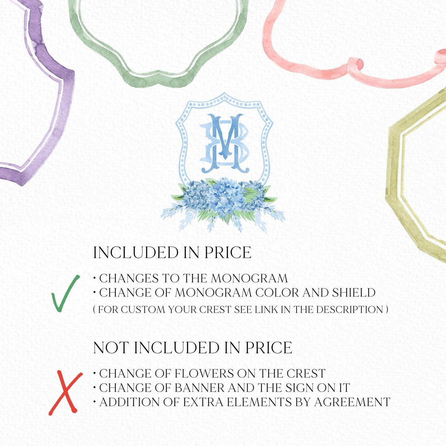 Hydrangea Blue Wedding Crest - Monogram Crest - Hydrangea Floral Luxury Watercolor Wedding Crest - Romantic Wedding Crest