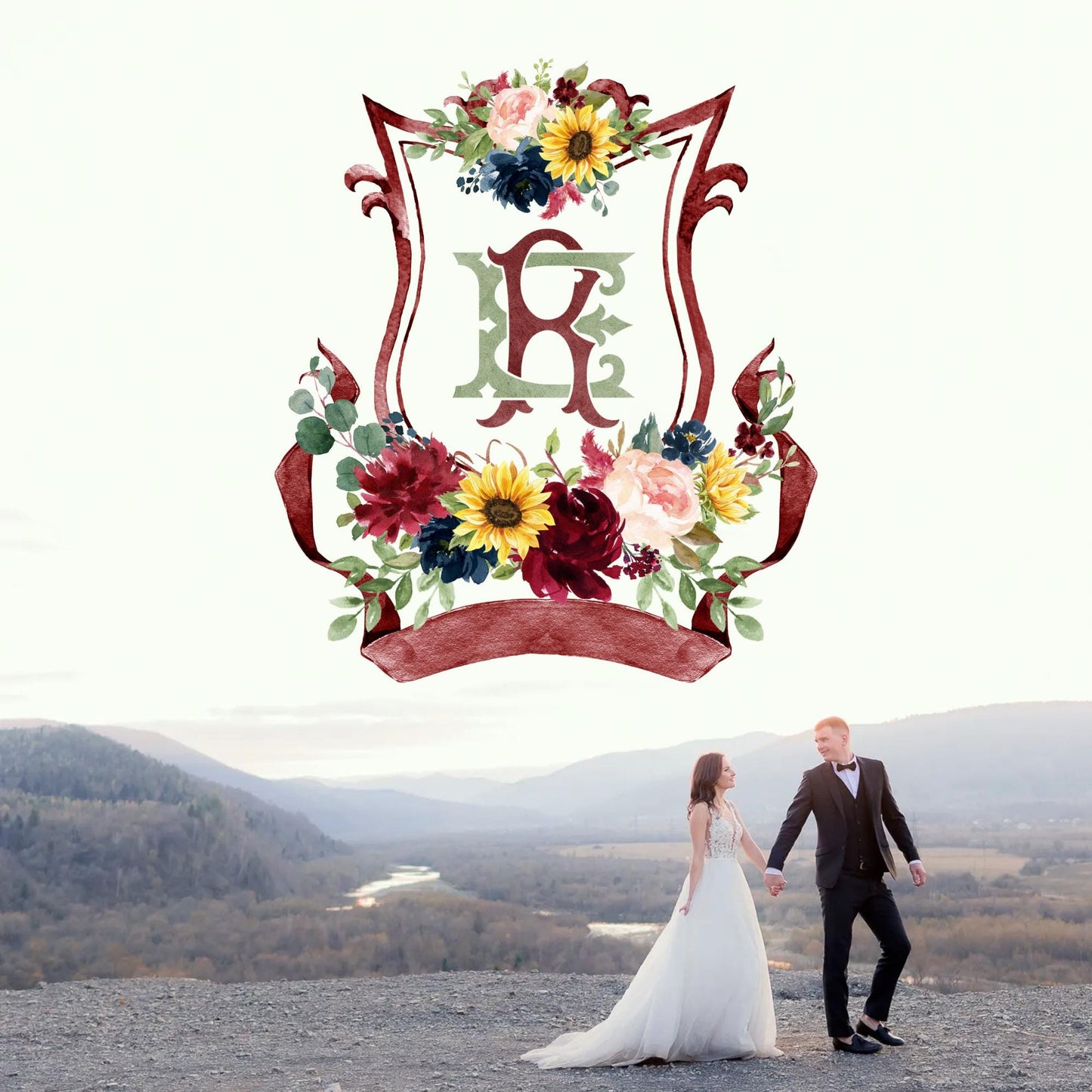 Sunflower Burgundy Red Blush Peony Rose Flower Wedding Crest - Monogram Crest - Floral Watercolor Wedding Crest - Romantic Wedding Crest