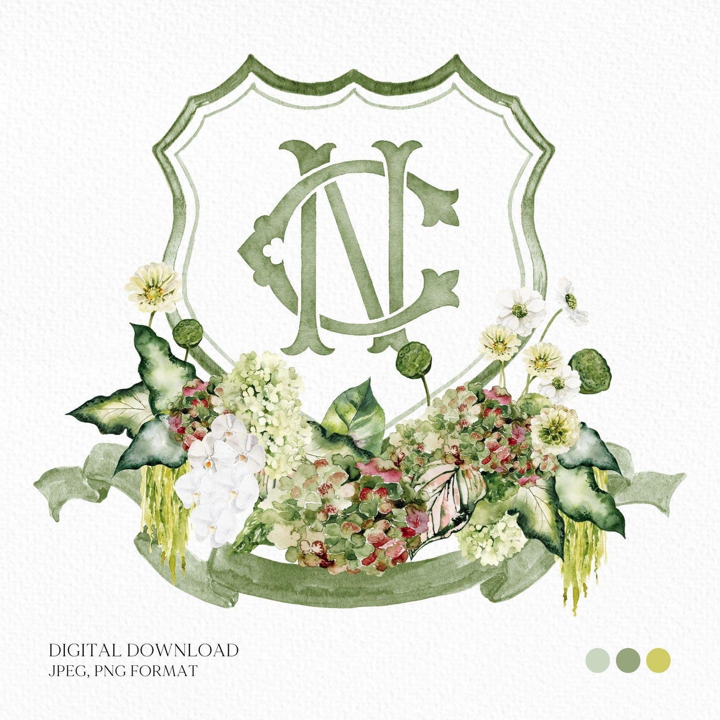 Green Hydrangea Flower Wedding Crest - Monogram Crest - Lush bright Greenery Floral Watercolor Wedding Crest - Australian Wedding Crest