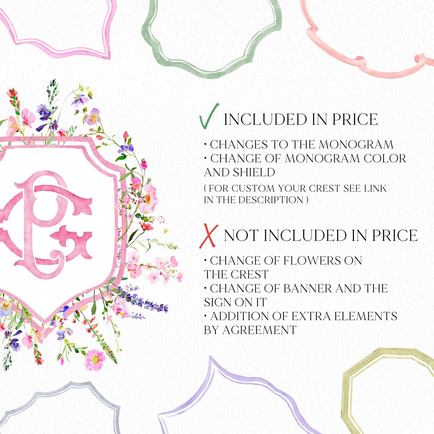 Pink Wildflower Garden Flower Wedding Crest - Monogram Crest - Colorful Spring Floral Watercolor Wedding Crest - Romantic Wedding Crest