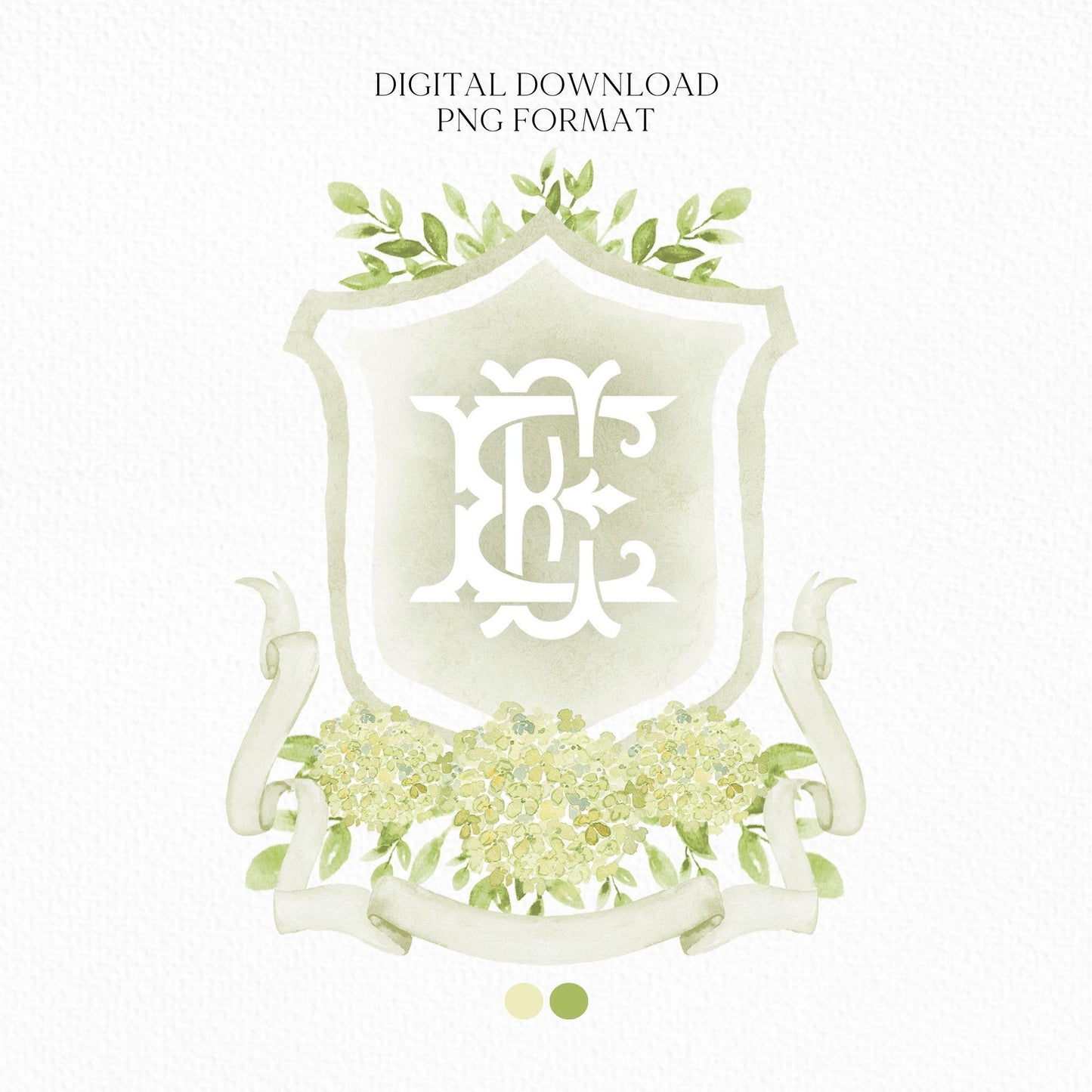 Green Hydrangea Flower Wedding Crest - Monogram Crest - Hydrangea Floral Watercolor Wedding Crest - Romantic Wedding Crest - Boho Hydrangea
