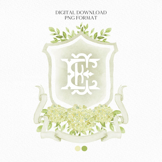 Green Hydrangea Flower Wedding Crest - Monogram Crest - Hydrangea Floral Watercolor Wedding Crest - Romantic Wedding Crest - Boho Hydrangea