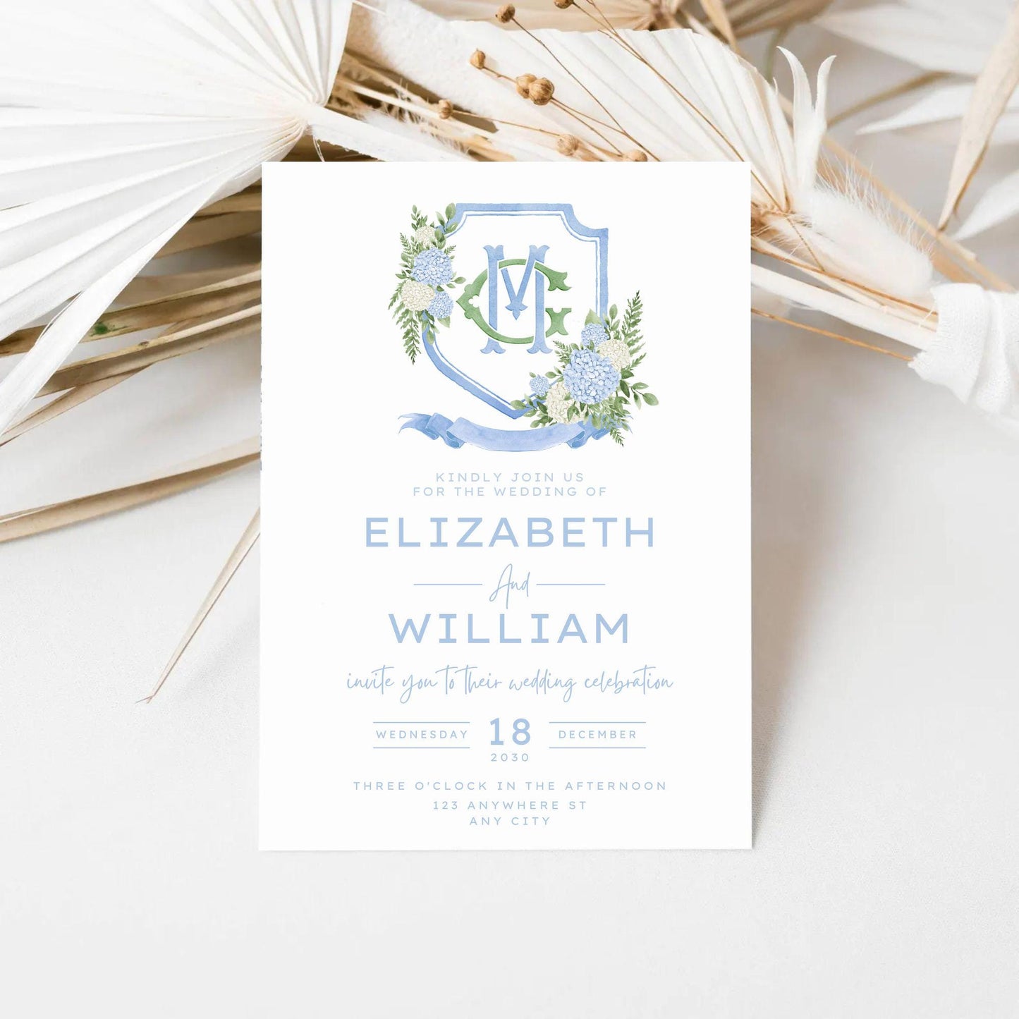 Blue White Hydrangea Flower Wedding Crest - Monogram Crest - Hydrangea Floral Luxury Watercolor Wedding Crest - Romantic Wedding Crest