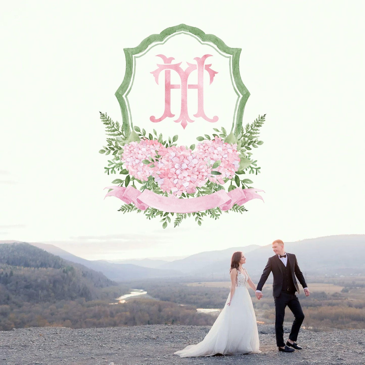 Pink Hydrangea Flower Greenery Wedding Crest - Monogram Crest - Hydrangea Floral Luxury Watercolor Wedding Crest - Romantic Wedding Crest