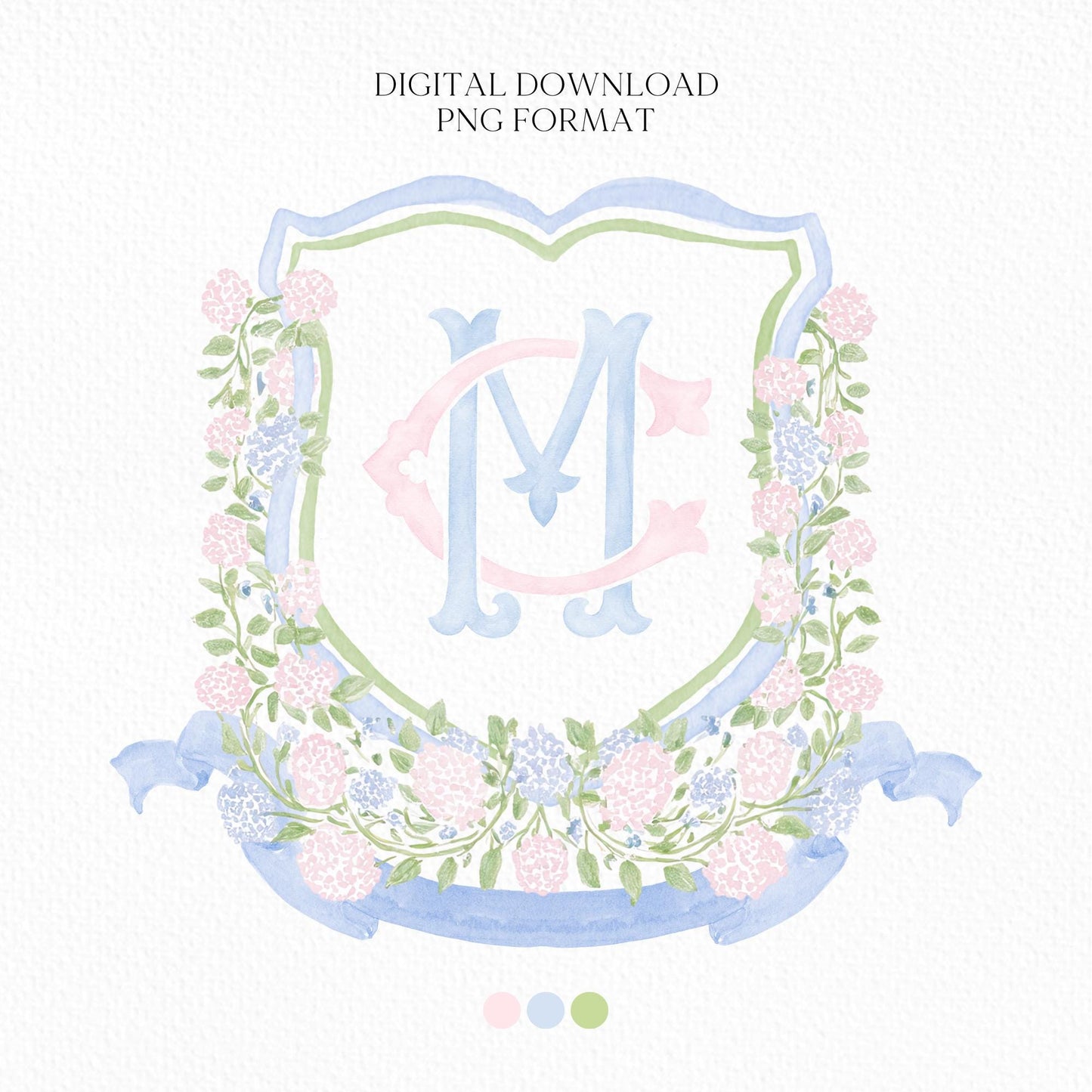 Pink Light Blue Hydrangea Flower Wedding Crest - Monogram Crest - Blue Hydrangea Floral Watercolor Wedding Crest - Romantic Wedding Crest