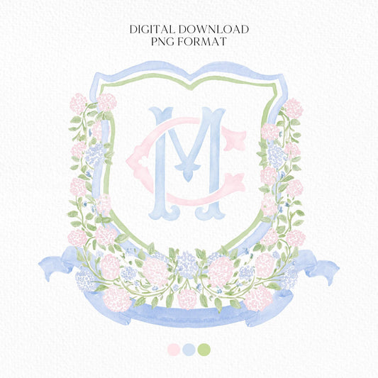 Pink Light Blue Hydrangea Flower Wedding Crest - Monogram Crest - Blue Hydrangea Floral Watercolor Wedding Crest - Romantic Wedding Crest