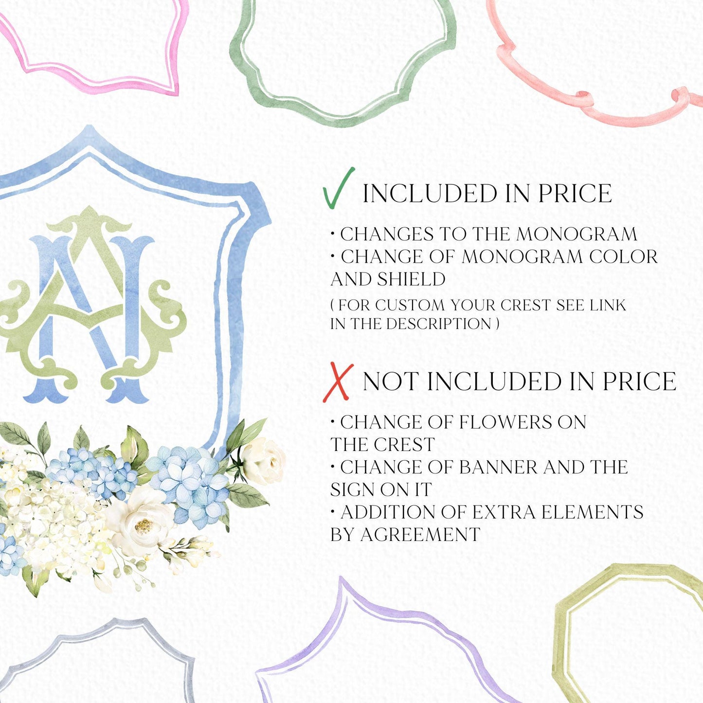 Dusty Blue Hydrangea Flower Wedding Crest - Monogram Crest - Hydrangea Floral Luxury Watercolor Wedding Crest - Romantic Wedding Crest