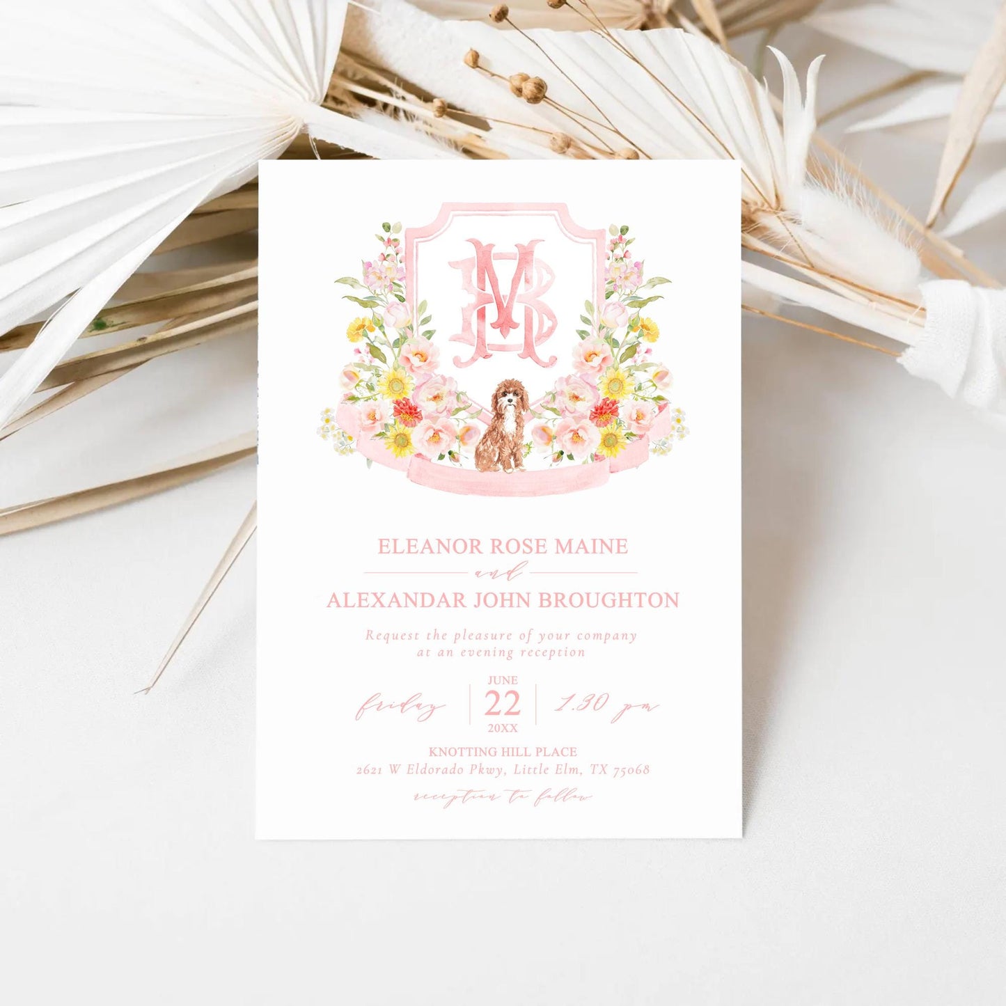 Coquette Flowers Blush Bright Colorful Watercolor Wedding Crest - Monogram Crest - Pastel Roses Floral Sunflower Watercolor Wedding Crest -