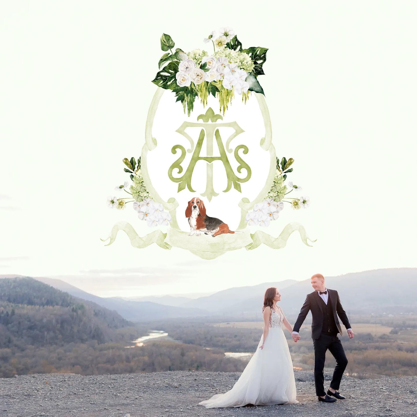 Hydrangea Macrophylla Green Flower Wedding Crest, Monogram Crest, Lush bright Greenery Floral Watercolor Wedding Crest, Hydrangea Crest