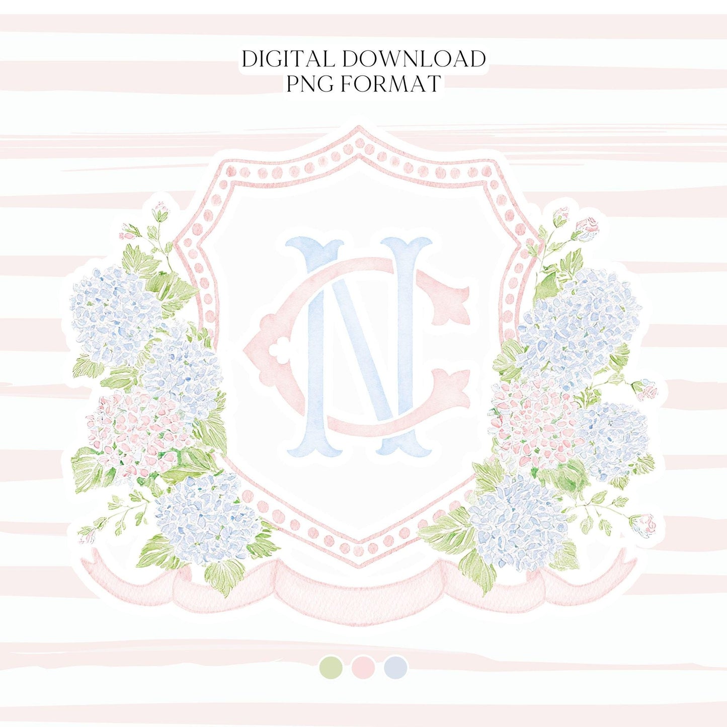 Blue Pink Hydrangea Flower Wedding Crest - Monogram Crest - Pastel Color Hydrangea Floral Luxury Watercolor Wedding Crest