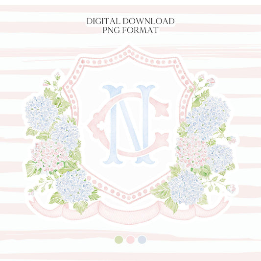 Blue Pink Hydrangea Flower Wedding Crest - Monogram Crest - Pastel Color Hydrangea Floral Luxury Watercolor Wedding Crest