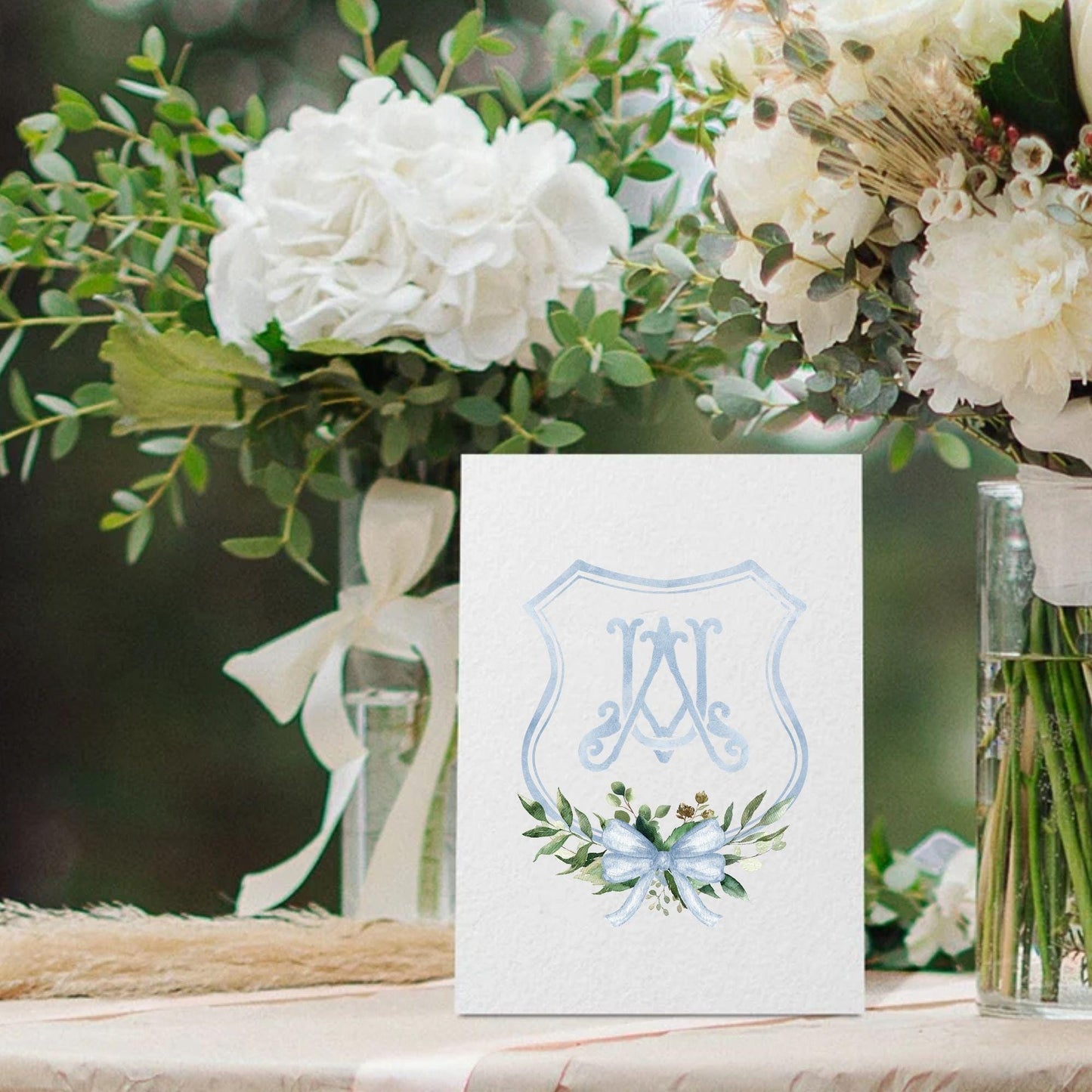 Watercolor Classic Eucalyptus Ribbon Flower Wedding Crest - Monogram Crest -  Luxury Watercolor Wedding Crest - Romantic Wedding Crest