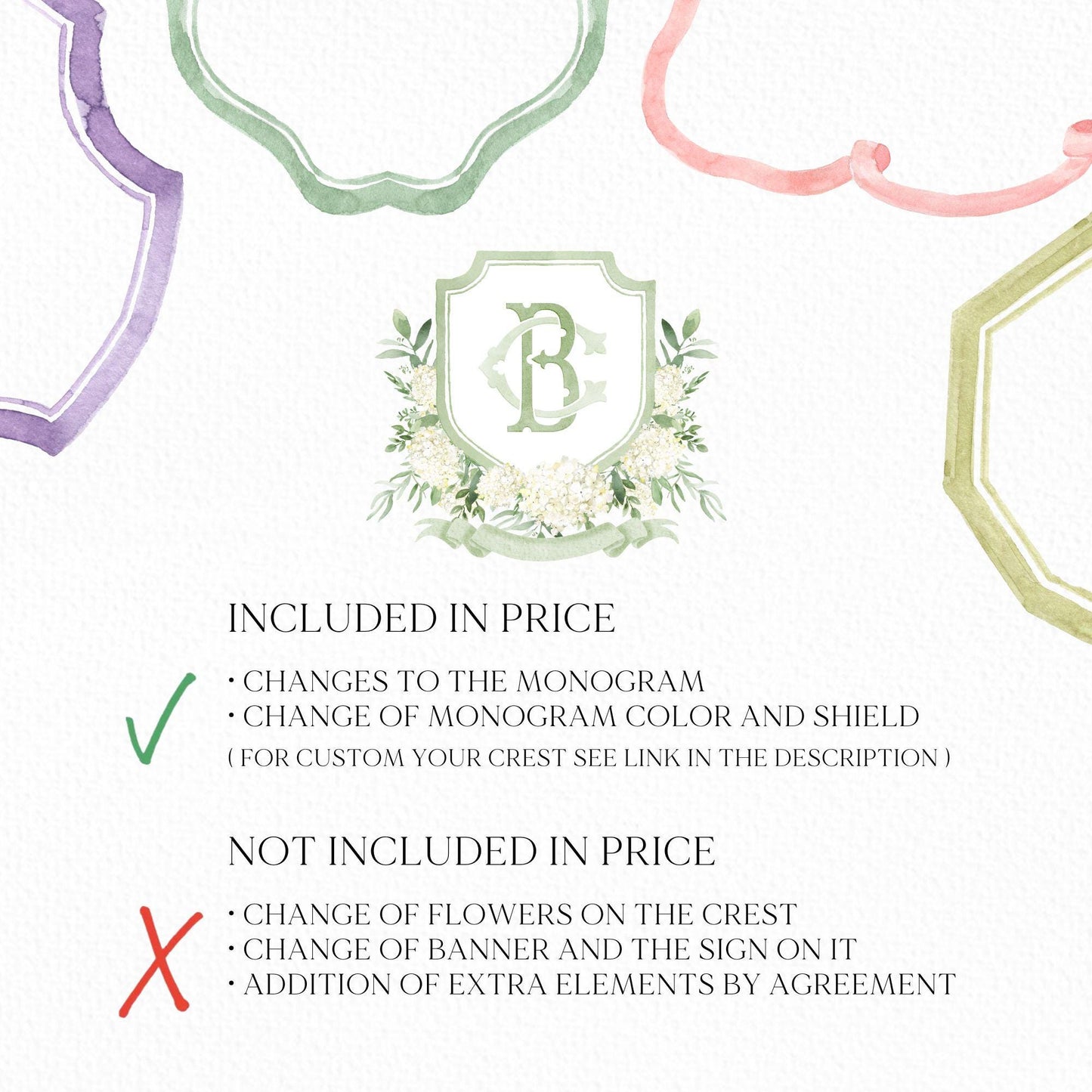 White Hydrangea Flower Wedding Crest - Monogram Crest - Hydrangea Floral Luxury Watercolor Wedding Crest - Romantic Wedding Crest