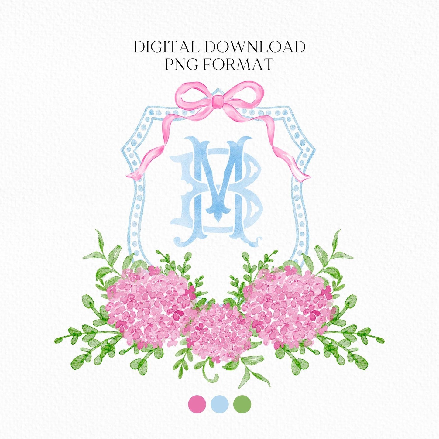Hydrangea Pink Bow Crest Flower Wedding Crest - Monogram Crest - Hydrangea Pink Luxury Watercolor Wedding Crest - Romantic Wedding Crest