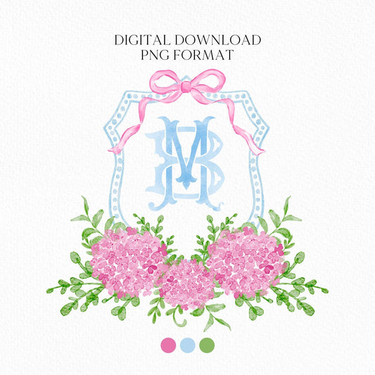 Hydrangea Pink Bow Crest Flower Wedding Crest - Monogram Crest - Hydrangea Pink Luxury Watercolor Wedding Crest - Romantic Wedding Crest