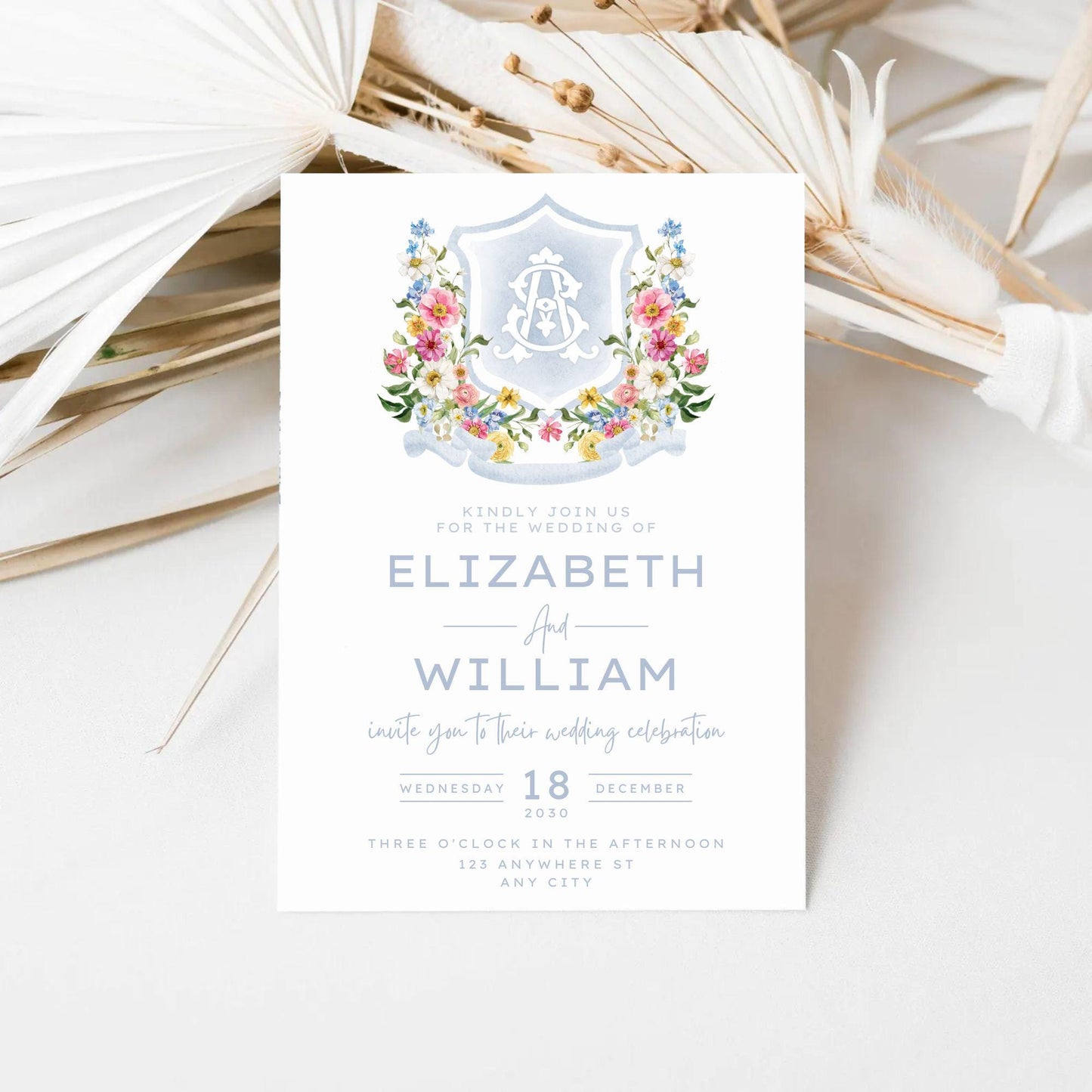 Wildflowers Bright Floral Colorful Watercolor Wedding Crest - Monogram Crest - Fantasy Garden Watercolor Wedding Crest - Pastel Bright Crest