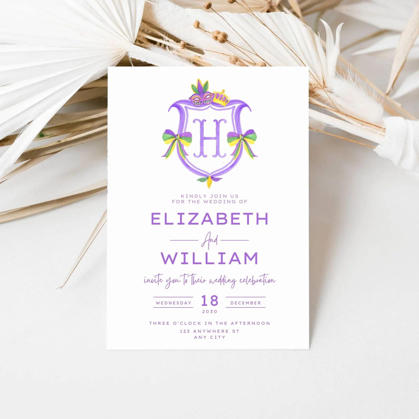 Mardi Gras New Orleans Crest Watercolor Wedding Crest - Monogram Crest - Mardi Gras Watercolor Wedding Crest Romantic Wedding Crest