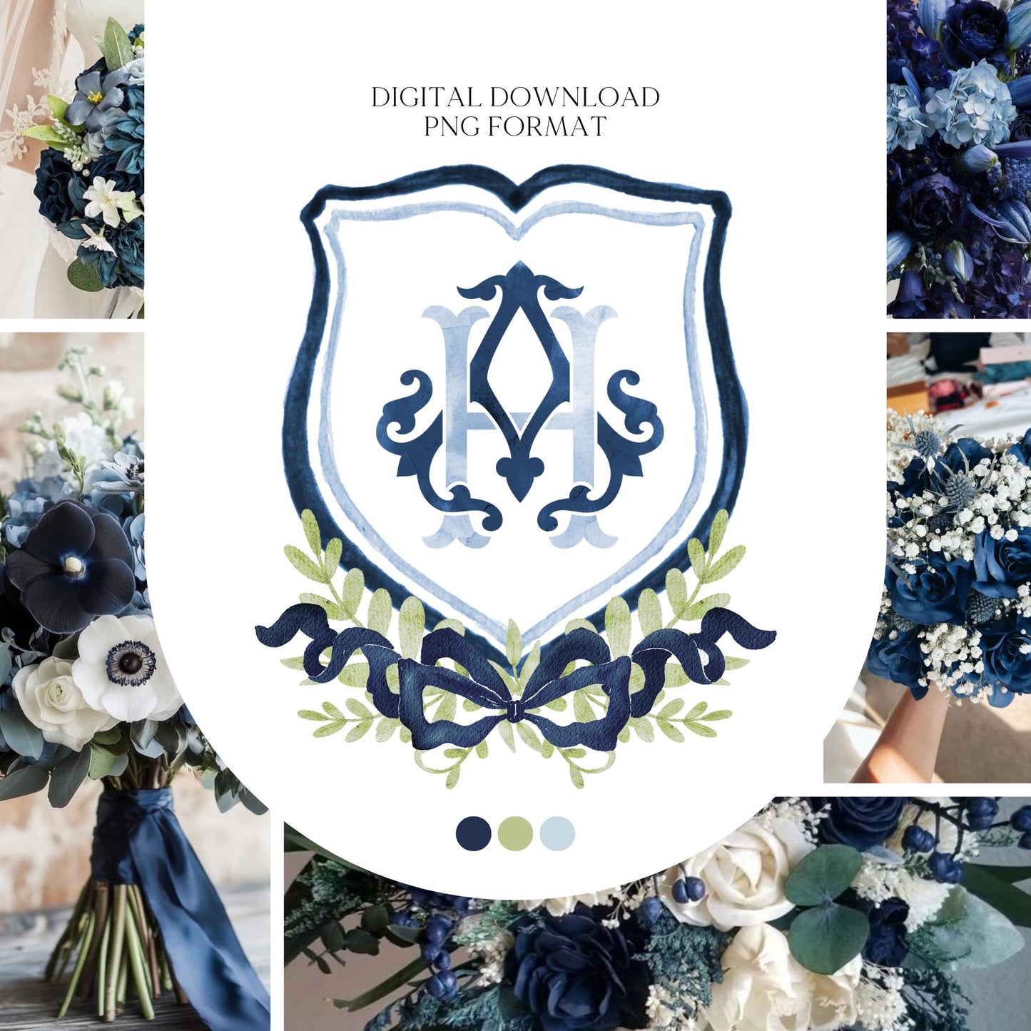 Dark Blue Watercolor Classic Eucalyptus Ribbon Flower Wedding Crest - Monogram Crest - Watercolor Wedding Crest - Romantic Wedding Crest