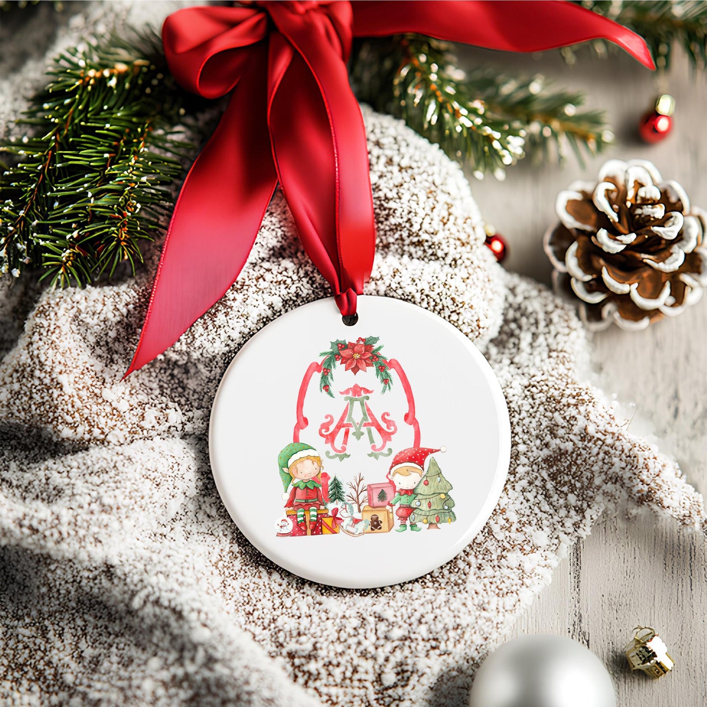 Elf Red Green Christmas Crest - Monogram Crest - Christmas Watercolor Crest DIY - Luxury Watercolor Wedding Crest - Elf Red Christmas