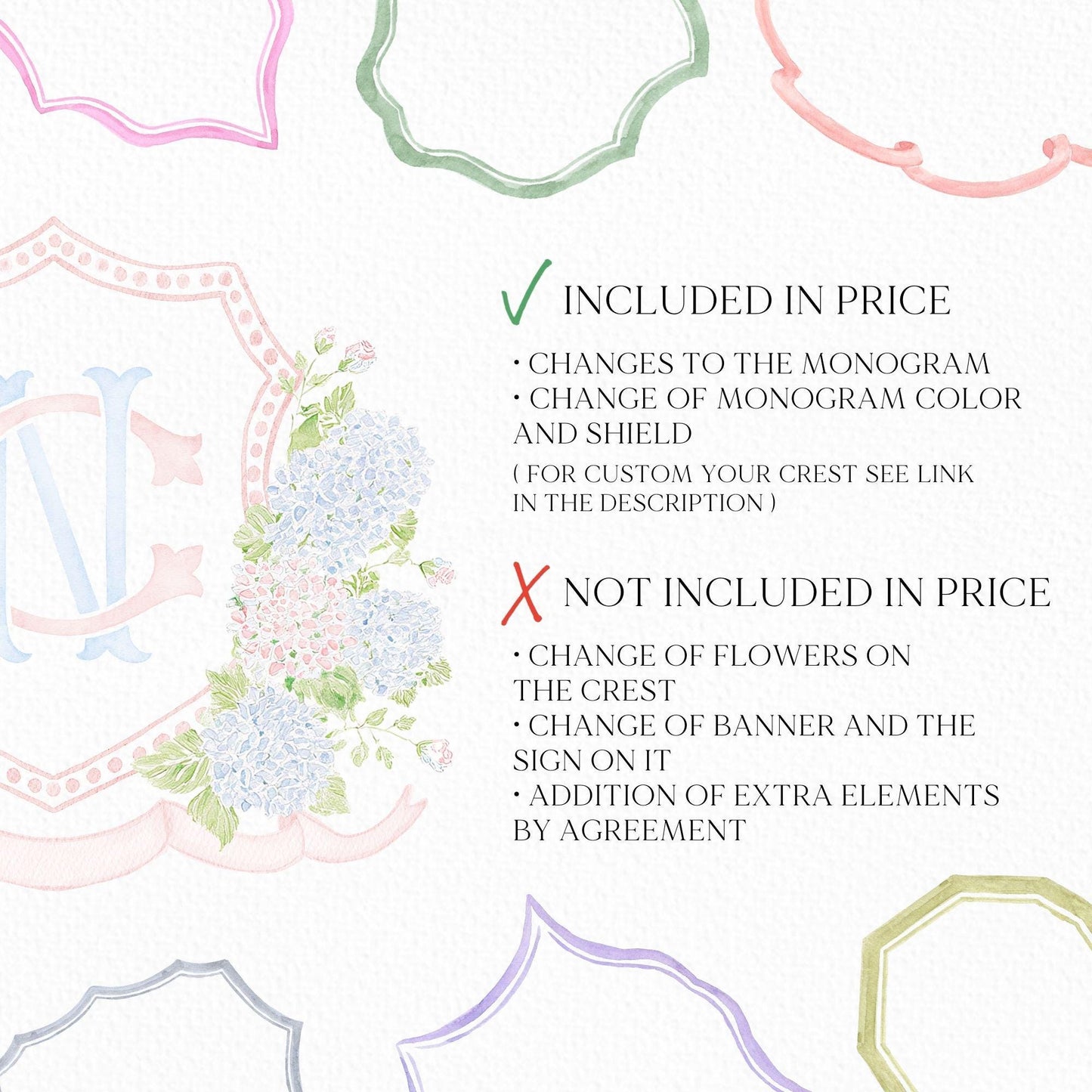 Blue Pink Hydrangea Flower Wedding Crest - Monogram Crest - Pastel Color Hydrangea Floral Luxury Watercolor Wedding Crest