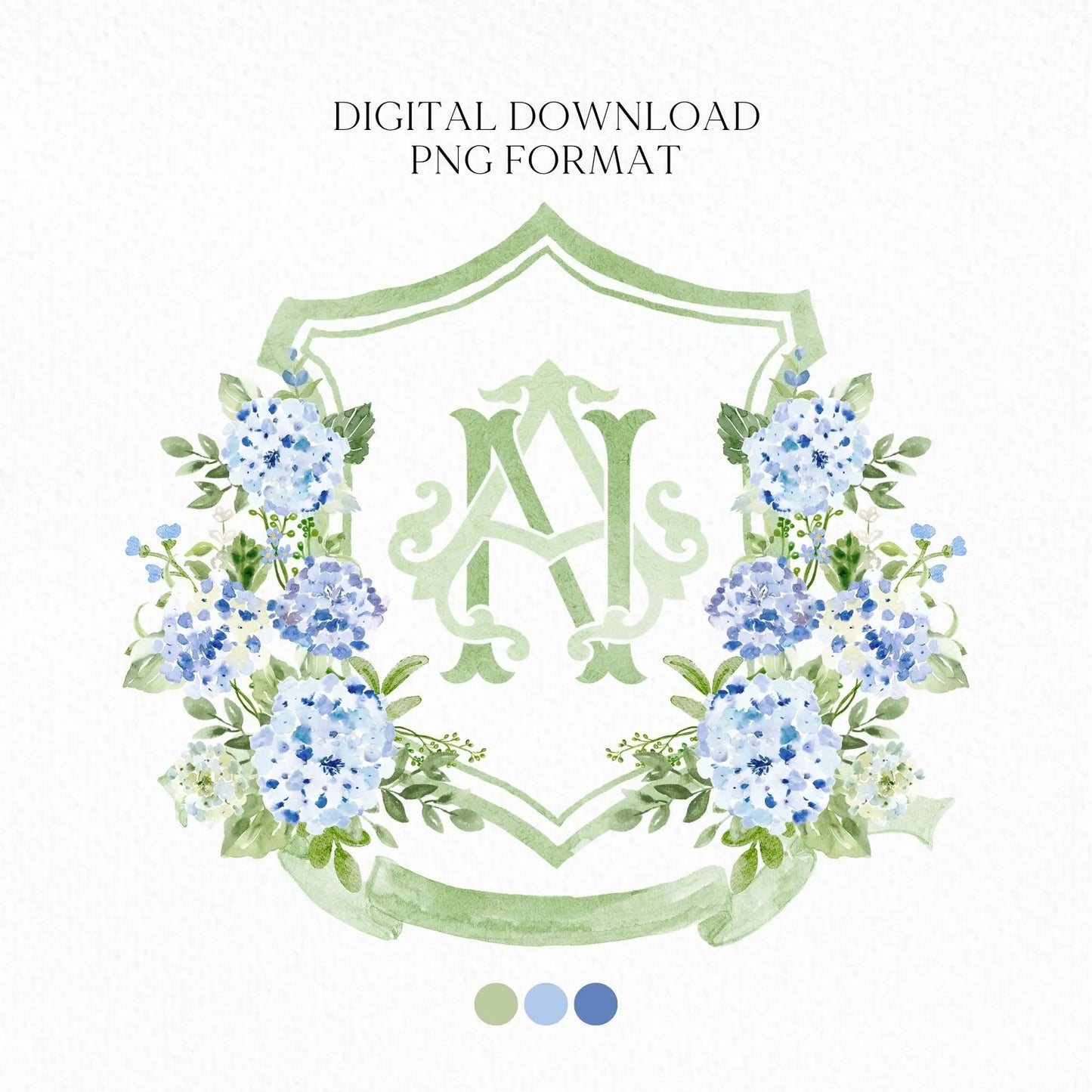 Blue Hydrangea Floral Luxury Watercolor Wedding Crest - Romantic Wedding Crest