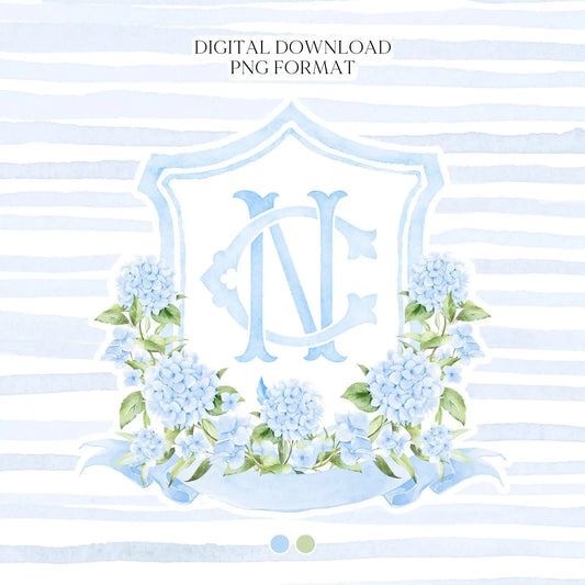 Watercolor Hydrangea Wedding Crest – Light Blue Floral Monogram (Digital Download)