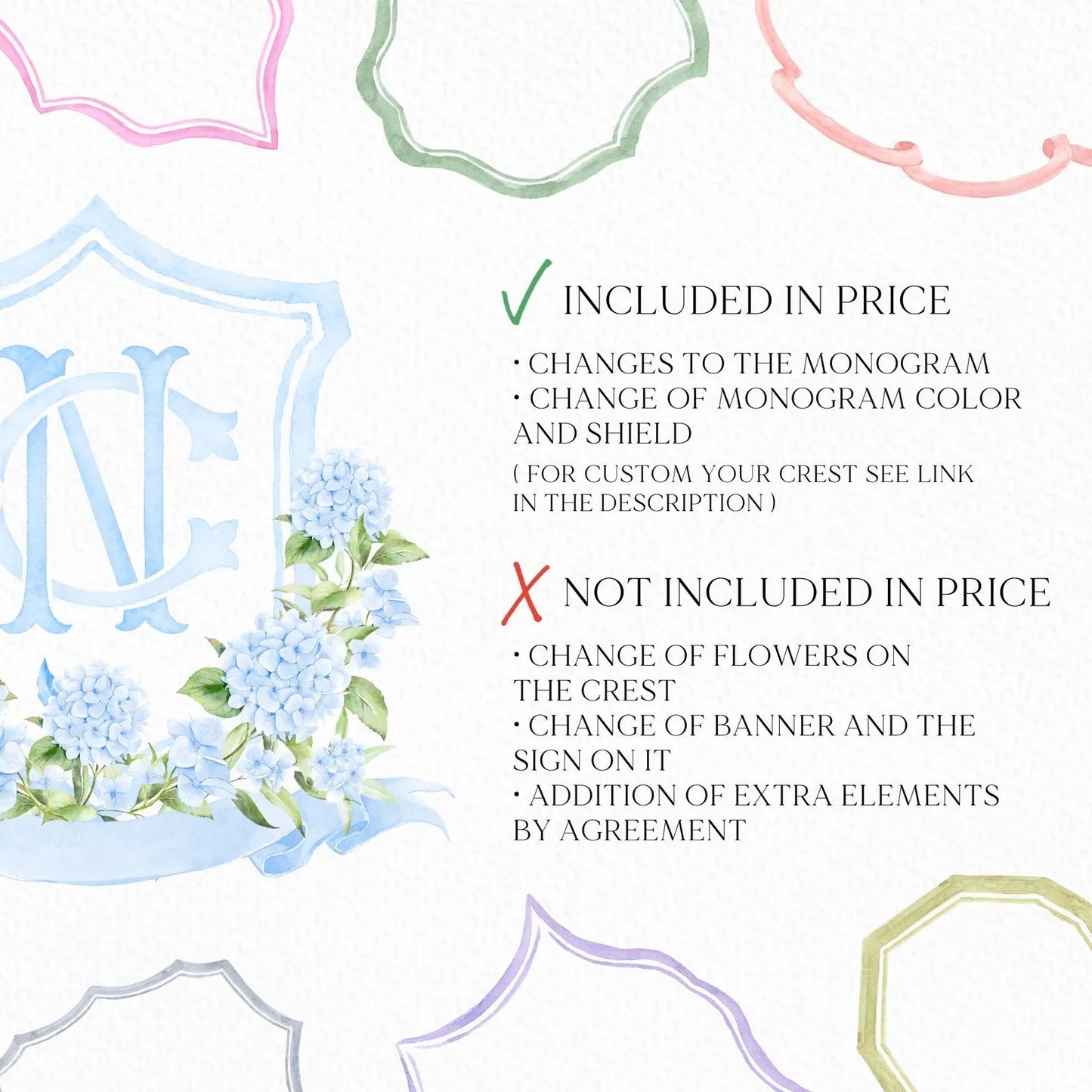 Watercolor Hydrangea Wedding Crest – Light Blue Floral Monogram (Digital Download)